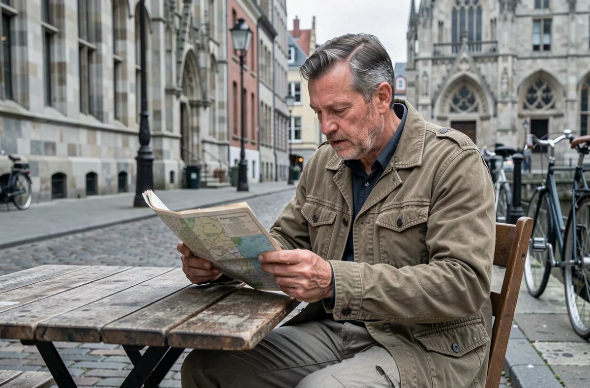 Voyageur consultant une carte papier dans un café en plein air d'une ville européenne au charme historique