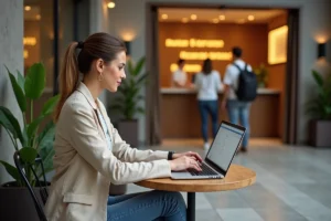 Voyageuse solo comparant les offres d'hôtel sur son ordinateur portable dans le hall d'un hôtel économique