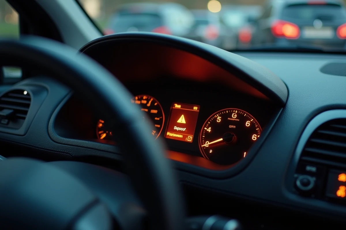 Voyant service allumé sur le tableau de bord d'une Peugeot 2008 avec indicateur orange visible
