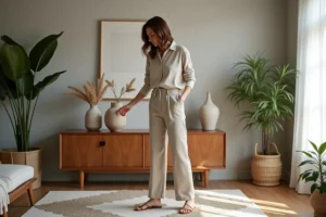 Femme arrangeant un vase en céramique dans un salon moderne